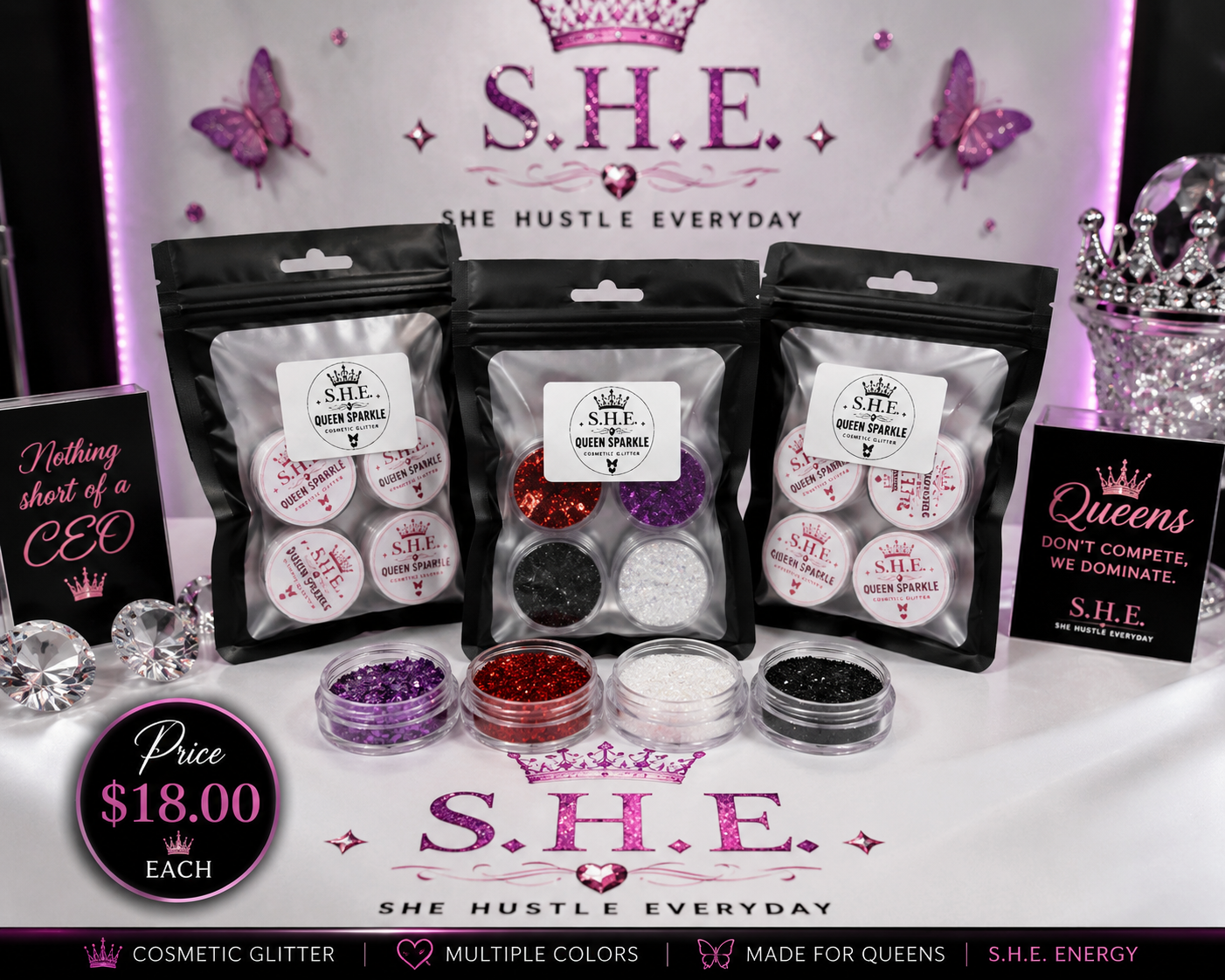 S.H.E. Beauty Queen Sparkle Cosmetic Glitter ā Pack of 4 Colors
