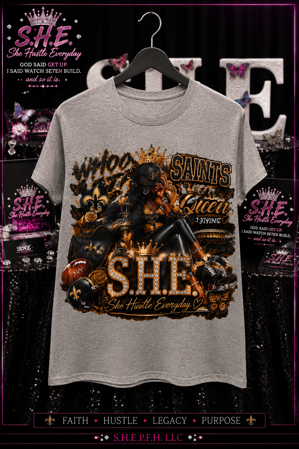 S.H.E. Saints Game Time Shirt – Black & Gold