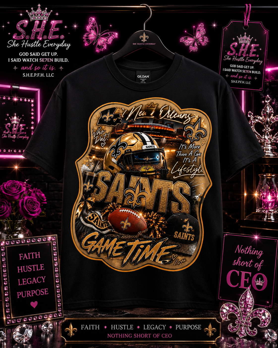 S.H.E. Saints Game Time Shirt – Black & Gold