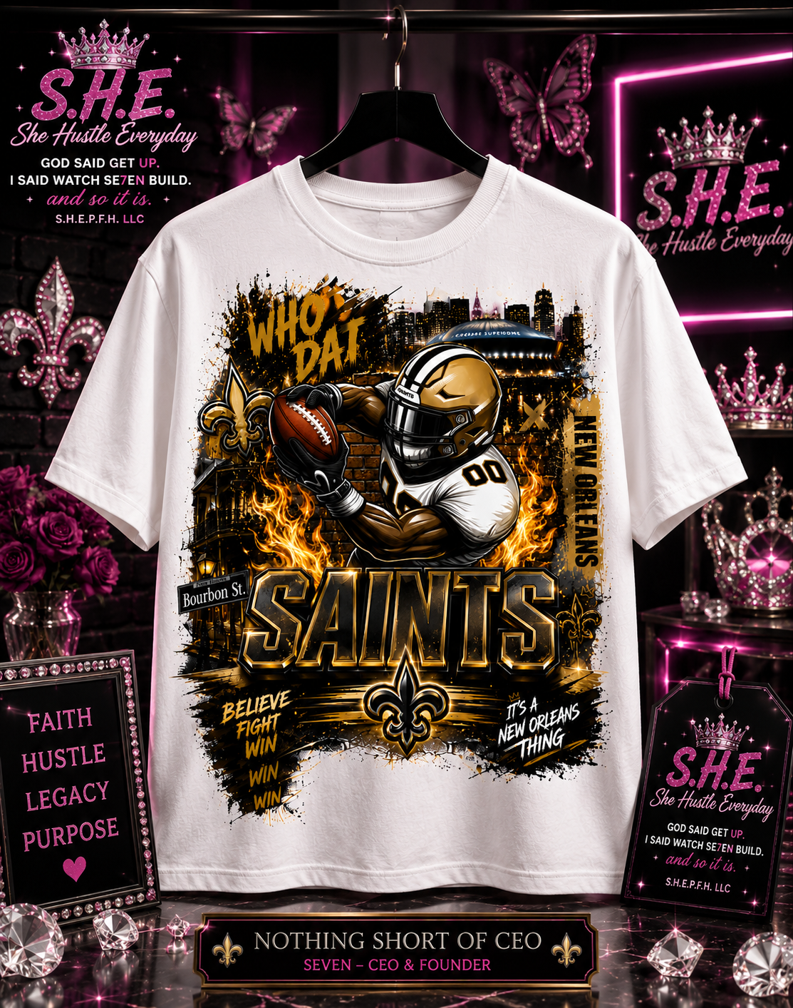 S.H.E. Saints Game Time Shirt – Black & Gold