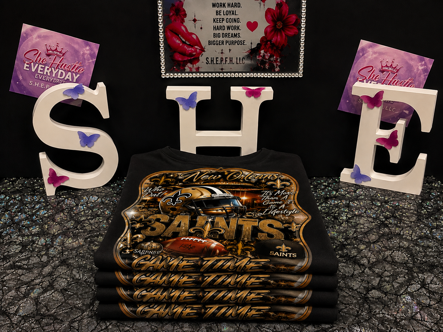 S.H.E. Saints Game Time Shirt – Black & Gold