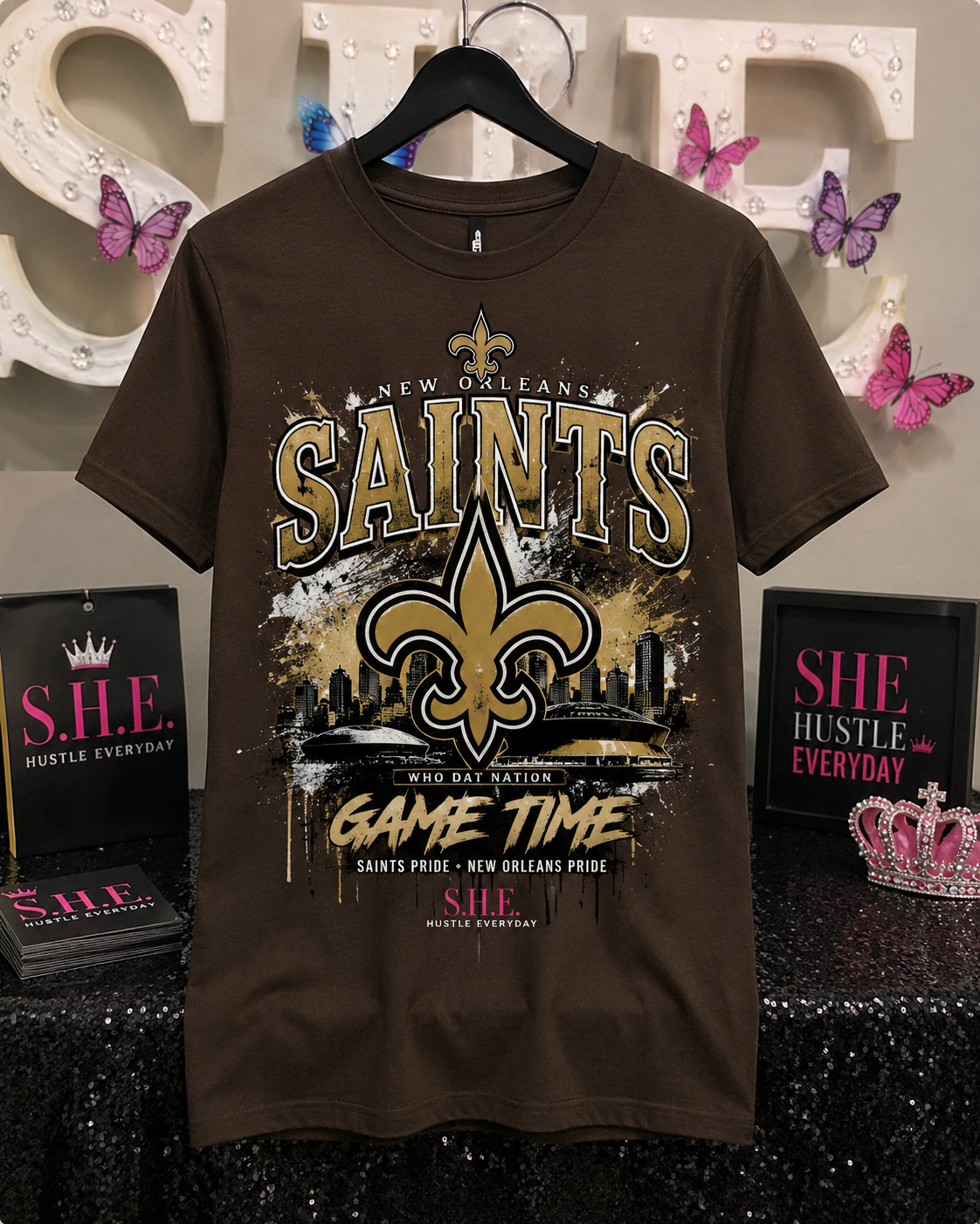 S.H.E. Saints Game Time Shirt – Black & Gold